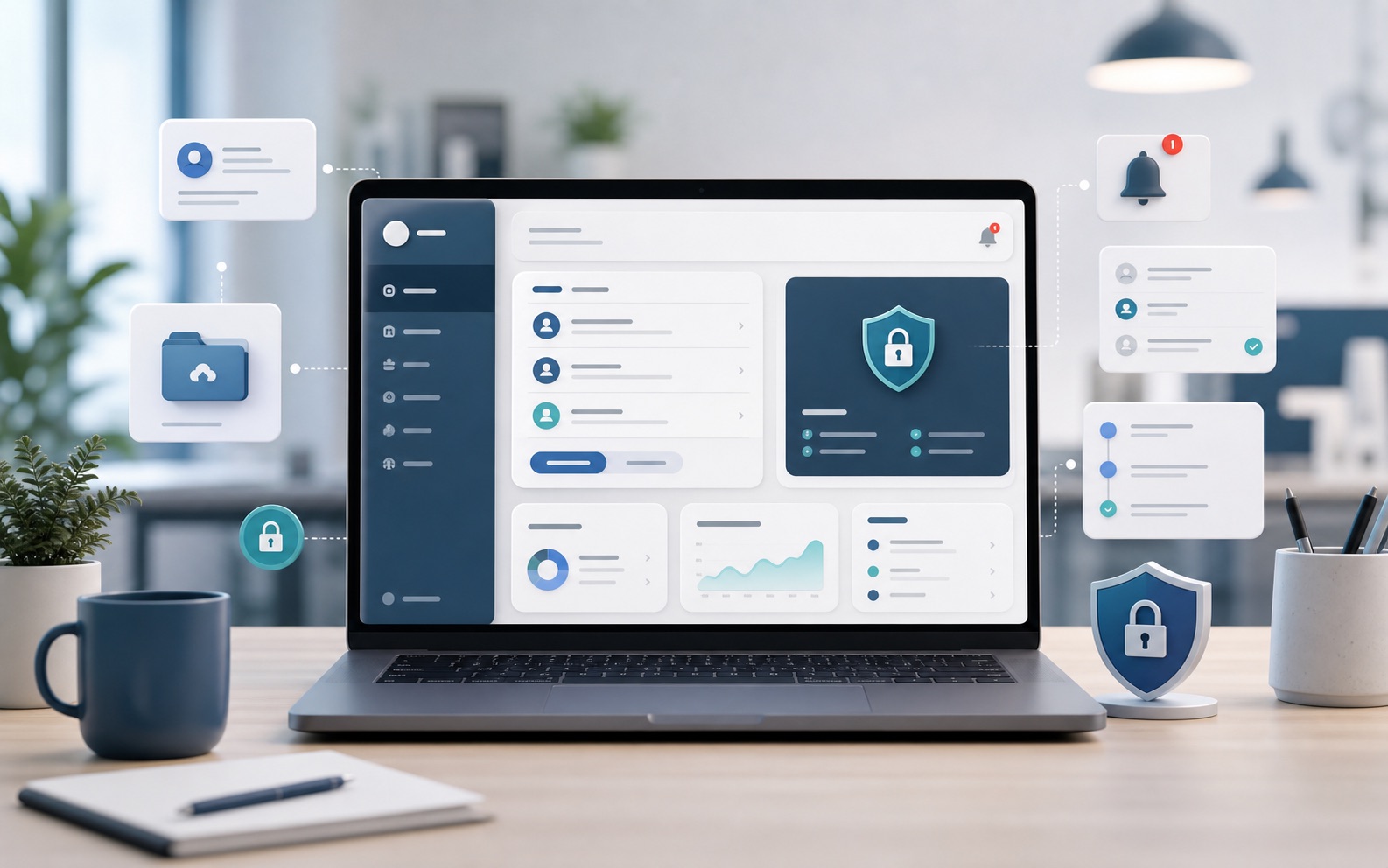 Illustration of a secure portal with uploads, status updates, notifications and admin dashboard.